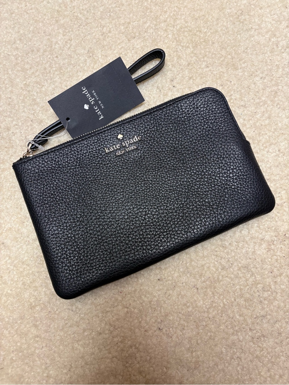 kate spade Black Pebbled Leather Wristlet Pouch with Gold Logo
